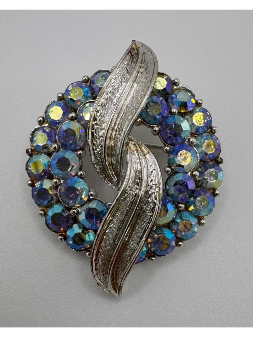 Signed Coro AB Rhinestone Wreath Brooch Silver Tone Vintage Statement Pin
